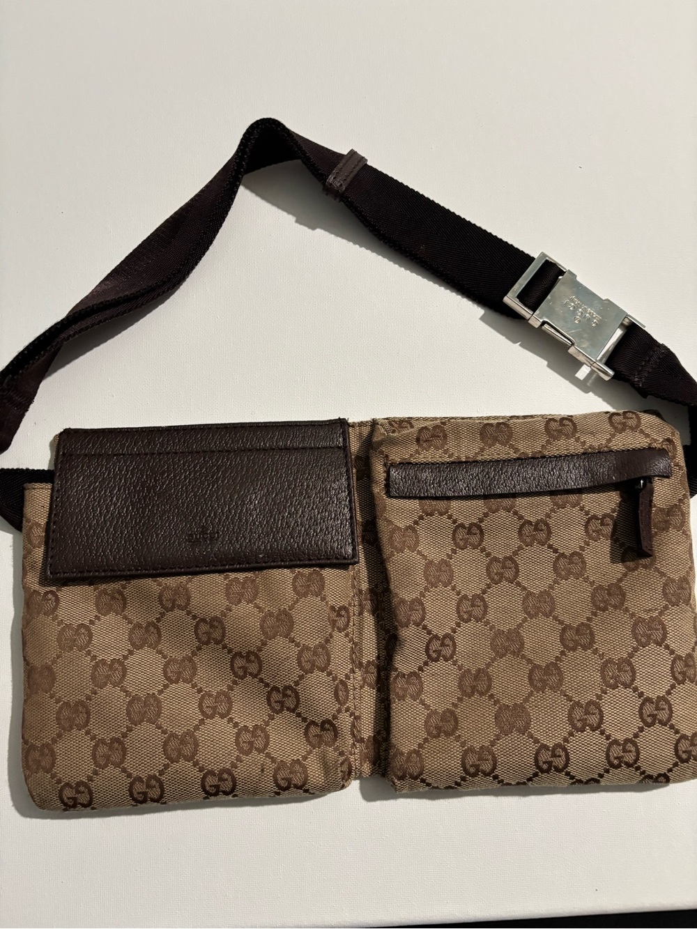 Gucci Brown GG Canvas Dual-Pocket Belt Bag with Dark Brown Saddlebag